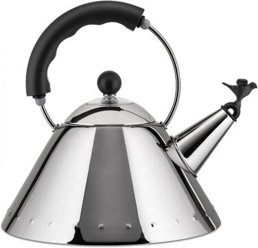 Alessi Water Kettle with Handle, Stainless Steel, Bird-Shaped Whistle from PA, Black, Silver, 8.5 x 25 x 10.5 cm, 9093 B 2 Liter Silver