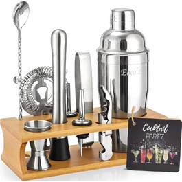 750ml Stainless Steel Cocktail Shaker Set with Bamboo Stand & Recipe Book - 17 Piece Bar Set with Accessories for Bartenders & Gifts