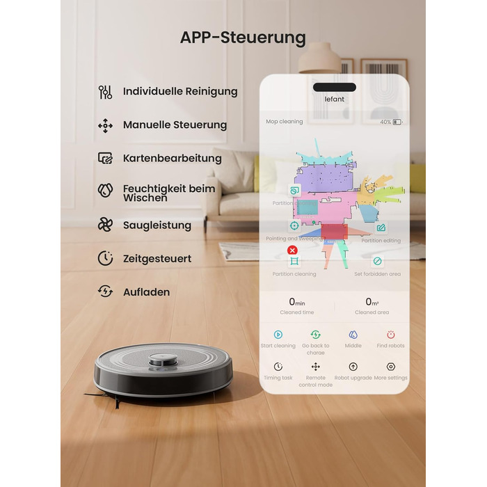 Робот-пилосос LEFANT M2 з функцією миття підлоги, 6000Pa, LiDAR-навігація, зони заборони, керування через додаток/Alexa, ідеальний для шерсті тварин, килимів та твердих підлог M2G