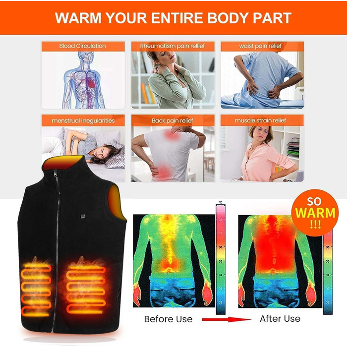 Обогревна жилетка TOUVE для чоловіків та жінок, електрожилетка з поларфлісу, 5 зон обігріву, 3 режими температури, чорний, 2025 (без Powerbank)