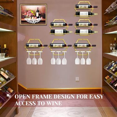 Metal Wall Mounted Wine Holder Stemware Glass Rack, 2Pcs Hanging Glass Wine Rack Wall Mount Red Wine Rack Organizer with 3 Stem Glass Holders for Home Kitchen Bar Display Decor (Gold Bb)