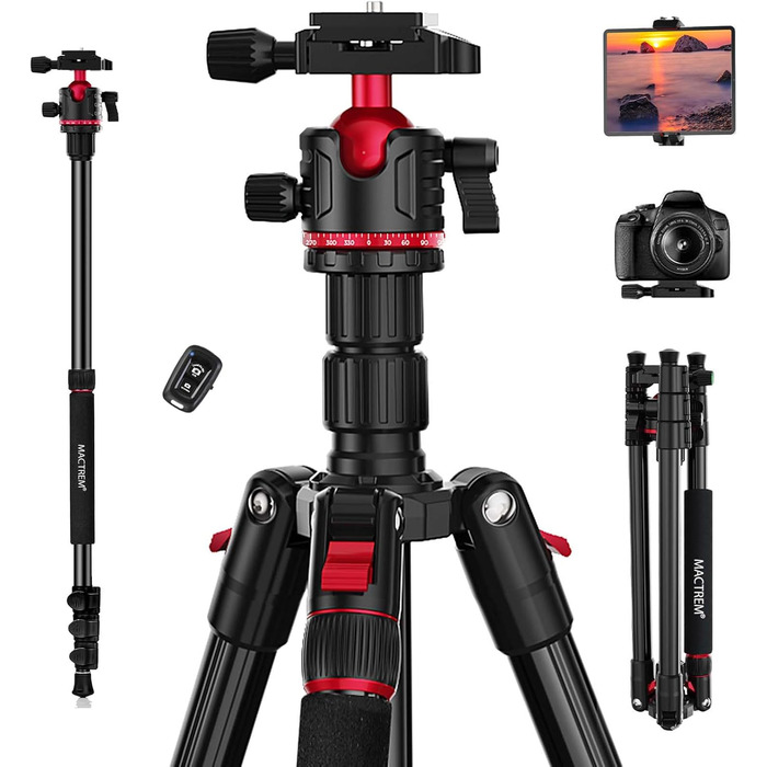 Штатив MACTREM 187 см (74 дюйми) з кульковою головкою 360° - штатив для камери, смартфона, iPad, Canon, Nikon, Sony, телескопа, лазерного рівня