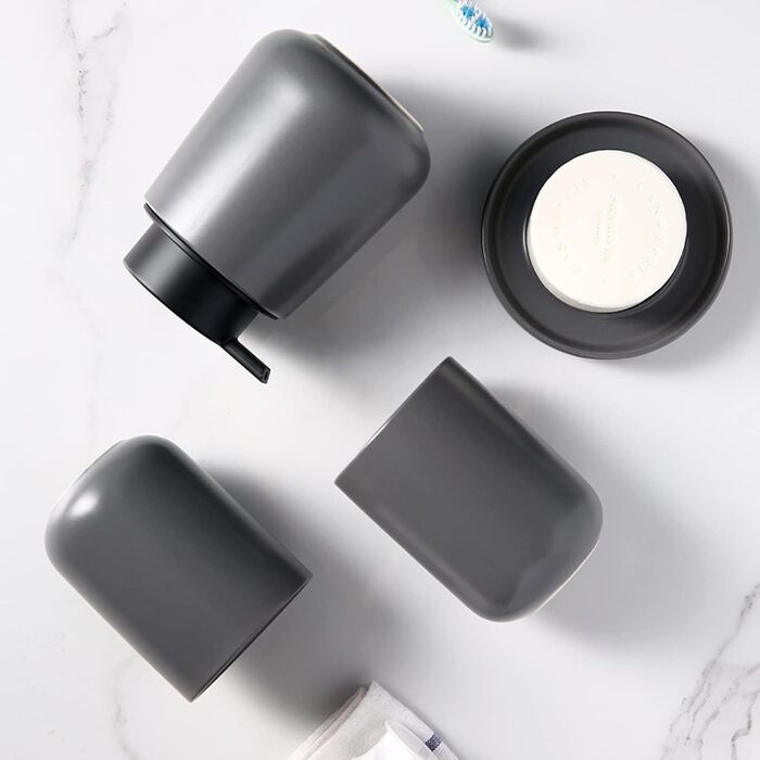 4-Piece Bathroom Accessories Set, Ceramic Bathroom Accessories Set with Soap Dispenser, Soap Dish, Toothbrush Holder, Elegant Matte Bathroom Set with Embossed Details, White (Gray)