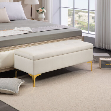 HOMCOM Storage Bench Upholstered Bench Velvet Look Metal Legs Bed Bench for Living Room Bedroom Hallway 120 x 44 x 44.5 cm Beige