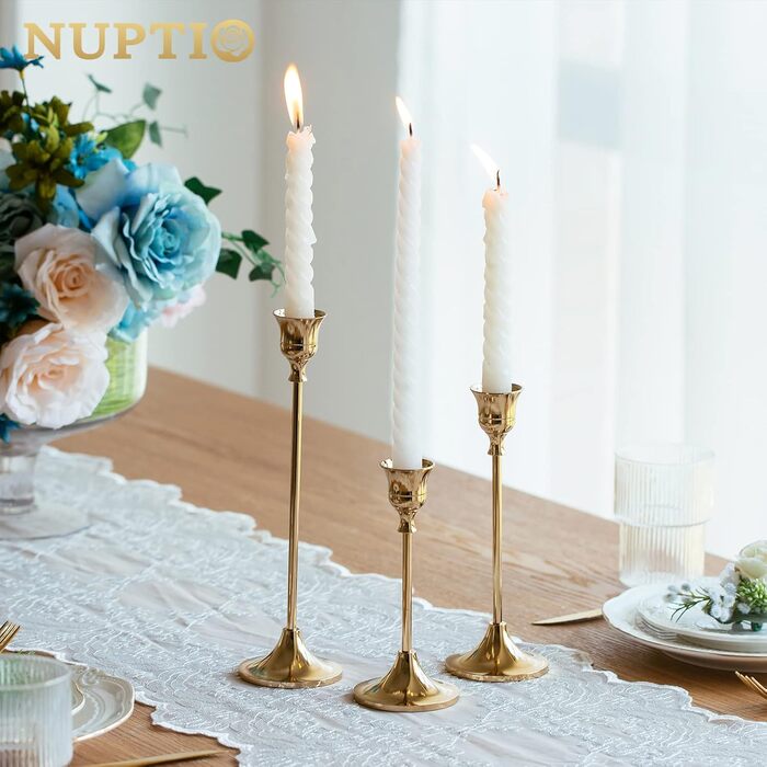 Nuptio латунний свічник золотий, 6 шт, металеві підсвічники для тонких свічок, вінтаж, декор столу, для весілля, подарунок на новосілля, Різдво