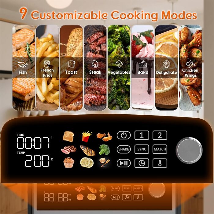 Фритюрниця повітряна подвійна 10L з 2 відсіками | 2400W, 9 програм, таймер, економія енергії, миється в посудомийній машині, сірий колір