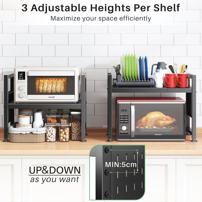 Стійка для мікрохвильової печі SAYZH, 2-рівнева розширювана, з 10 гачками, чорна