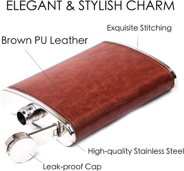 Фляга шкіряна 8oz Braun для чоловіків та жінок, комплект з воронкою та 2 склянками, шкіряний чохол, для віскі/водки, ідеально для подорожей та подарунків