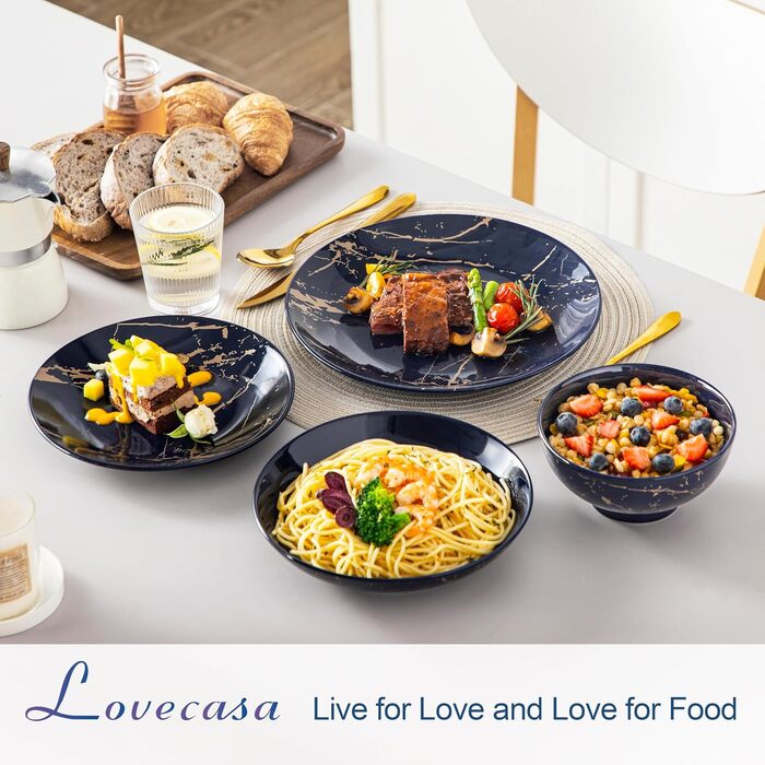 Набір посуду Lovelcasa Sweet Daphne, 32 елементи, порцеляновий сервіз з золотим декором для 8 осіб (темно-синій)