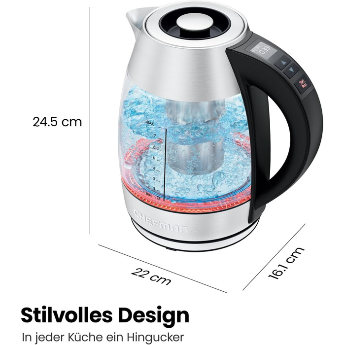 Chefman 1.8L Electric Glass Kettle with Temperature Control - Stainless Steel, Infuser, Auto Shutoff, LED Display