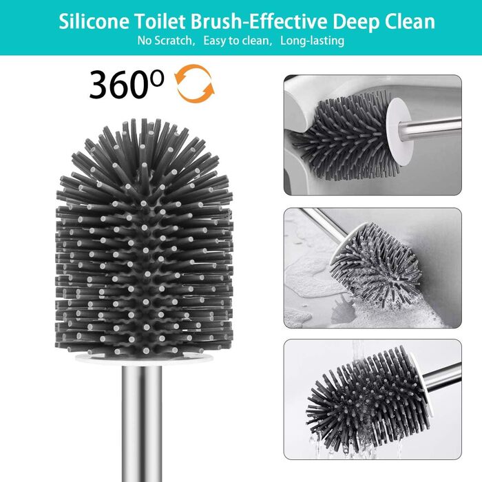 Набір для туалету: щітка з тримачем Silikon, довга ручка, швидке висихання, для ванної кімнати/гостьового WC, монтаж на стіну/стоячи (білий & чорний)