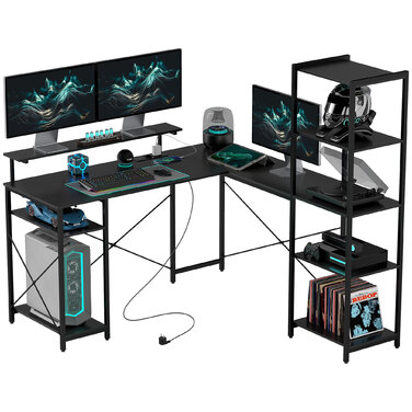 HOMCOM Desk, L-Shaped Computer Desk 137 x 140 x 139.5 cm Corner Desk with 6 Shelves, Office Desk with Monitor Stand, USB, Socket, for Home Office, Office, Black | Aosom