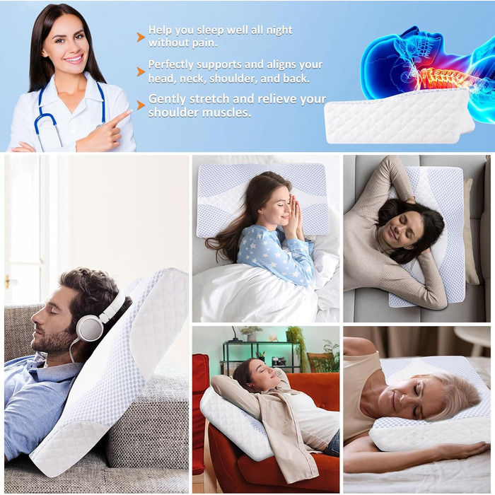Подушка Hydomi з піною з пам'яті для шиї та плечей, ортопедична подушка для сну, регульована ергономічна подушка для сну на боці, спині та животі - порожниста конструкція, сіра та біла (03-блакитно-біла)