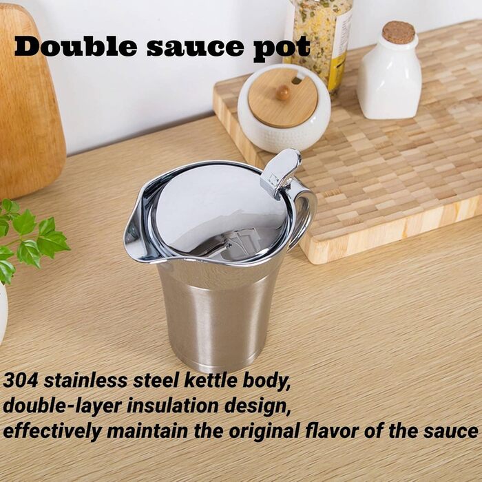 304 Brushed Stainless Steel Saucepan, Thermally Insulated Double-Walled Sauce Jug Pot for Gravy or Cream at Thanksgiving for Restaurant. (450 ml / 750 ml) (450 ml)