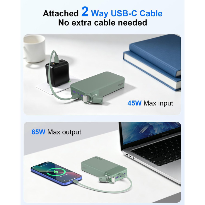 Повербанк NOBIS 20000 mAh 65W з вбудованим кабелем, швидка зарядка, 2x USB-C та 2x USB-A, для ноутбуків, планшетів та смартфонів (Зелений)