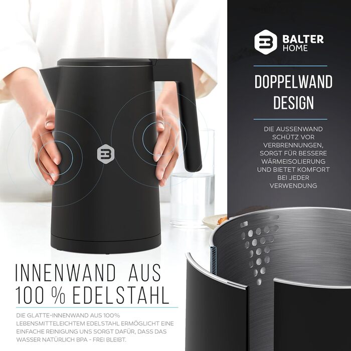 Balter Stainless Steel Kettle with Temperature Setting, 40°C-100°C, Double-Walled, BPA-Free, 1.7L, Black, WK-5-Touch