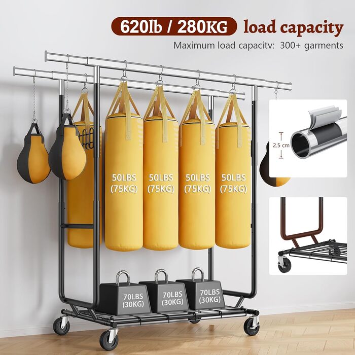 Стійка для одягу на колесах FAVOOOSTY, металева, мобільна, до 200 кг, чорна, 2 стяжки