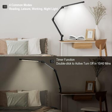 LED лампа EYOCEAN для столу з регульованою яскравістю та двома джерелами світла, архітекторська лампа для офісу, 15W, захист очей, кріпиться на стіл