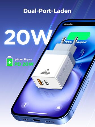 Подвійний зарядний пристрій USB-C 20W PD 3.0 з кабелем 2м, білий (2 шт.)