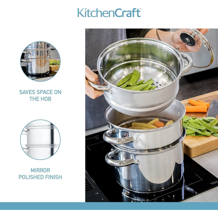 Набір з 3 каструль KitchenCraft з пароваркою, 3-рівневий, з нержавіючої сталі, для індукції, 22 см, сріблястий, у подарунковій коробці