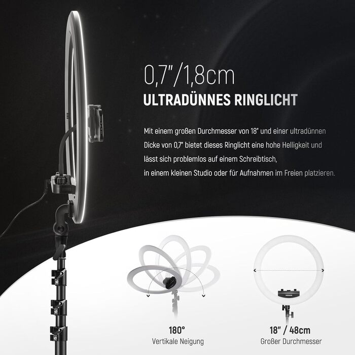 NEEWER Комплект кільцевого світла для фото та відео: 48 см, 52 Вт, регульоване LED світло, штатив, Bluetooth, для смартфона, YouTube, селфі (RP18B Pro)