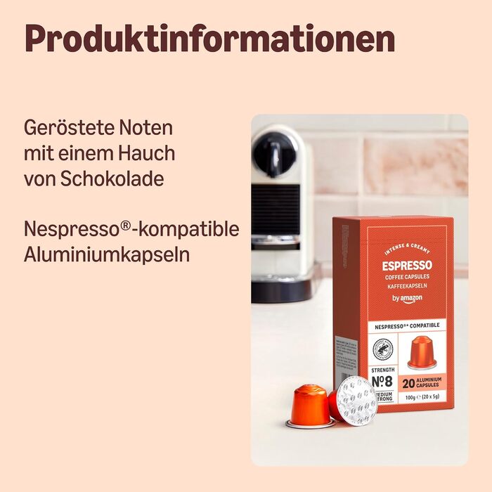 Кавові капсули для еспресо by Amazon з алюмінію, сумісні з Nespresso, світле обсмаження, 100 шт (5 упаковок по 20 шт), сертифіковані Rainforest Alliance