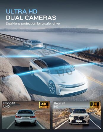 Відеореєстратор TECXERLLON 4K з ADAS, GPS, WDR, G-сенсором та нічним баченням, 24/7 парковка, 128GB карта в комплекті