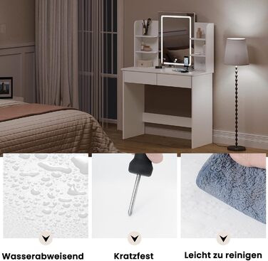 Туалетний столик WOLTU з LED-підсвіткою, регульованою яскравістю, 2 USB-портами, дзеркалом, 2 шухлядами та 4 відкритими полицями, білий, для макіяжу і спальні, модель MB6112ws з гірляндою