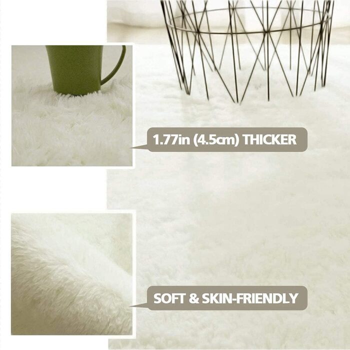 Пухкий килим з високим ворсом для спальні та вітальні, 80x120 см та 160x230 см, білий, антиковзаюча підкладка, легко миється