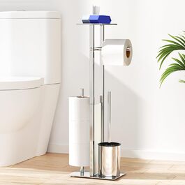 Stainless Steel Toilet Paper Holder with Brush & Shelf - Freestanding Toilet Roll Dispenser with Cover & Tray (Silver)