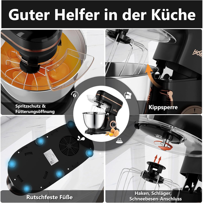 Кухонна машина HOMELUX 1800W з чашею 8 л з нержавіючої сталі, 6 швидкостей, LED-дисплей, насадки для замішування, збивання та взбивання, захист від бризок (чорний)