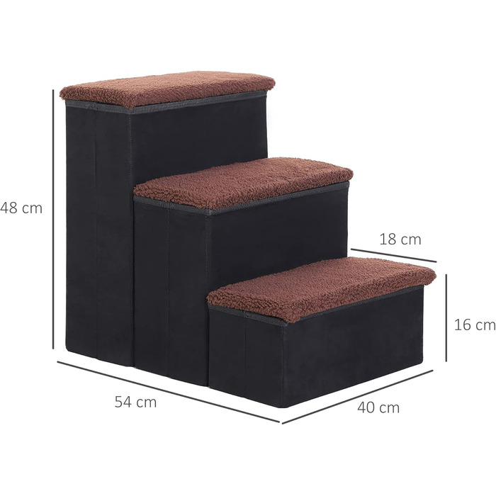 PawHut Pet Stairs Cat Stairs Dog Stairs Foldable 3 Steps Pet Stairs with Storage Space for Cats and Dogs MDF White 40 x 54 x 48 cm (Black)
