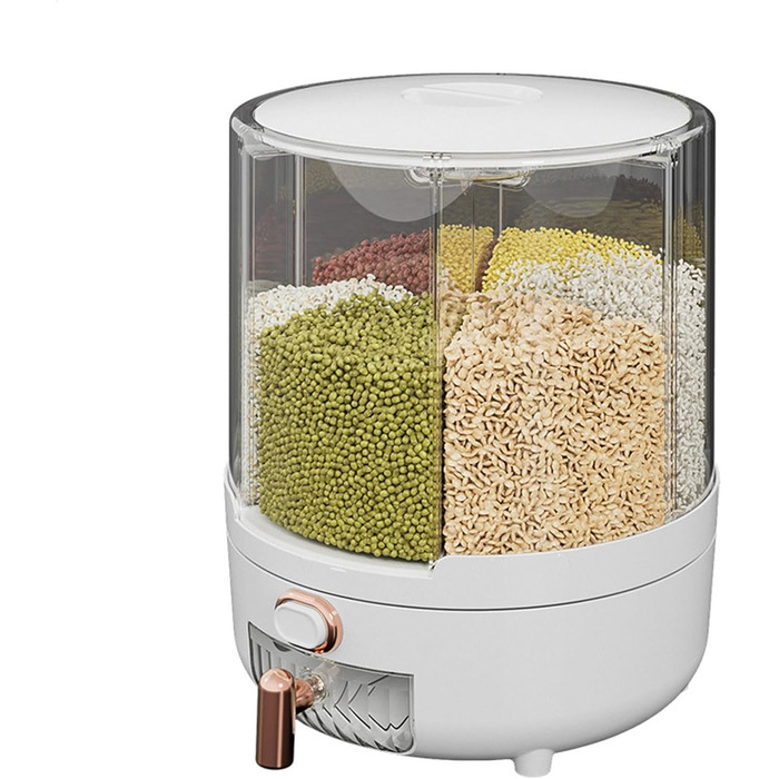 Rotating Food Dispenser – 360 Degree Rotating Dry Food Container, Transparent 6-Compartment Grain Dispenser | Sealed Rice Storage Container with Removable Lid, Storage