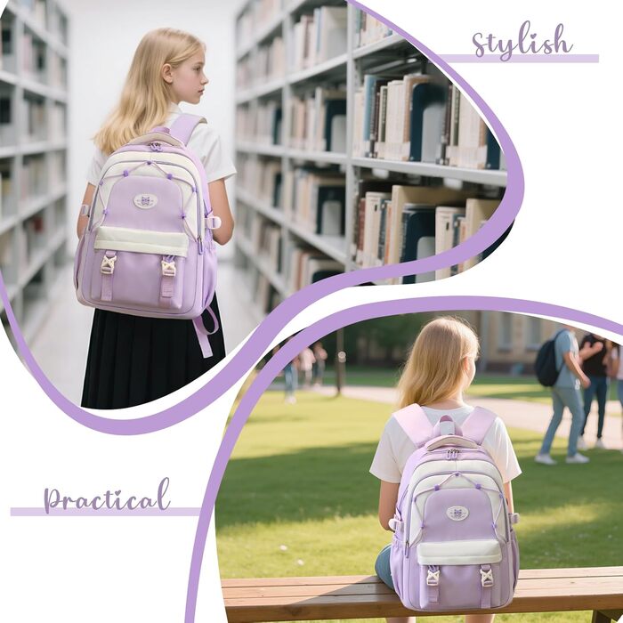 Рюкзак Tanou для школи, 30л, нейлон, для дівчаток 3-9 класів, з тролейною петлею та брелоком, фіолетовий