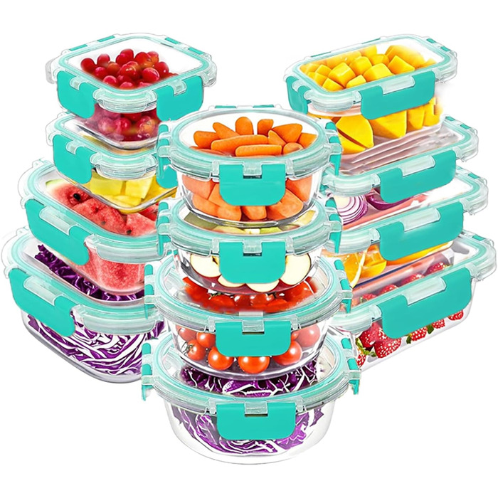 Набір контейнерів Verones 24 шт. з кришкою, повітріобмінний, скляний, для зберігання їжі, зелений