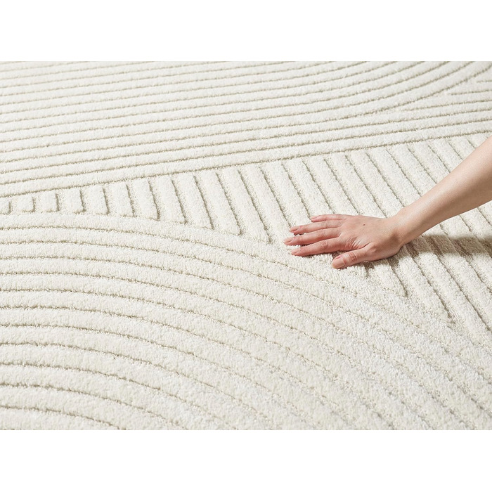 Килим Everest - сучасний коротковорсовий килим для вітальні та спальні з ефектом висоти-глибини, 3D ефект, висока щільність ворсу та приємна м'якість, дизайн Panglao, кремовий, 80 x 150 см