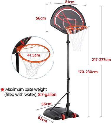 Yaheetech Portable Outdoor Basketball Hoop Stand with Wheels - Adjustable Height 217-277cm Black