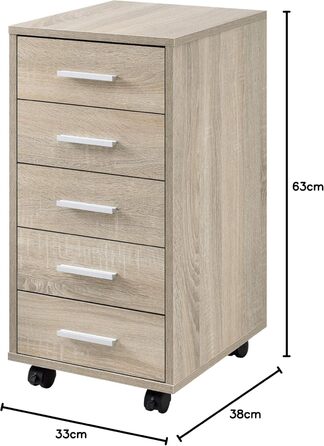Пересувний контейнер з 5 шухлядами en.casa, для офісу, дуб сонома, 63x33x38 см