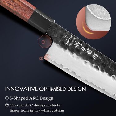 Японський ніж Kiritsuke Messer 21.5 см, сталь 3 шари, професійний, ручка з червоного дерева, дерев'яна піхва