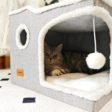 Spindro Cat Cave Cat Bed Large, Cat House Indoor Cat Sleeping Place with Removable Sherpa Cat Cushion and Hanging Toy, Cat Bed, Light Grey 42x42x33cm