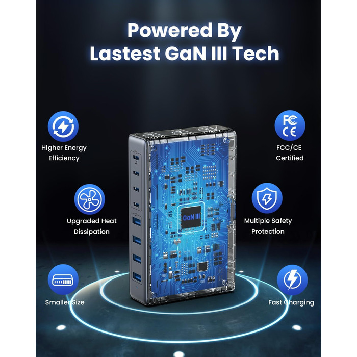 Мережевий адаптер USB-C 200W 8-в-1 GaN III з QC4.0, PPS, PD 65W для MacBook Pro/Air, iPad, iPhone, Samsung, Steam Deck, чорний