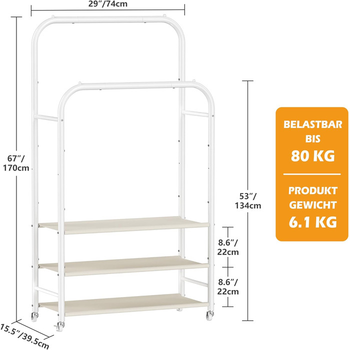 Вішалка для одягу HOMIDEC з 3 полицями, подвійна штанга на колесах, металевий каркас, біла - до 80 кг