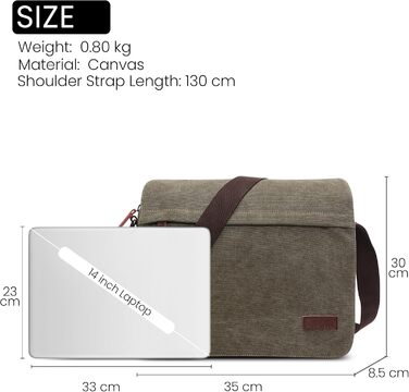 Чоловіча сумка через плече Deevorca Vintage Canvas, 14 дюймів, для ноутбука, подорожей, школи, туризму, зеленого кольору