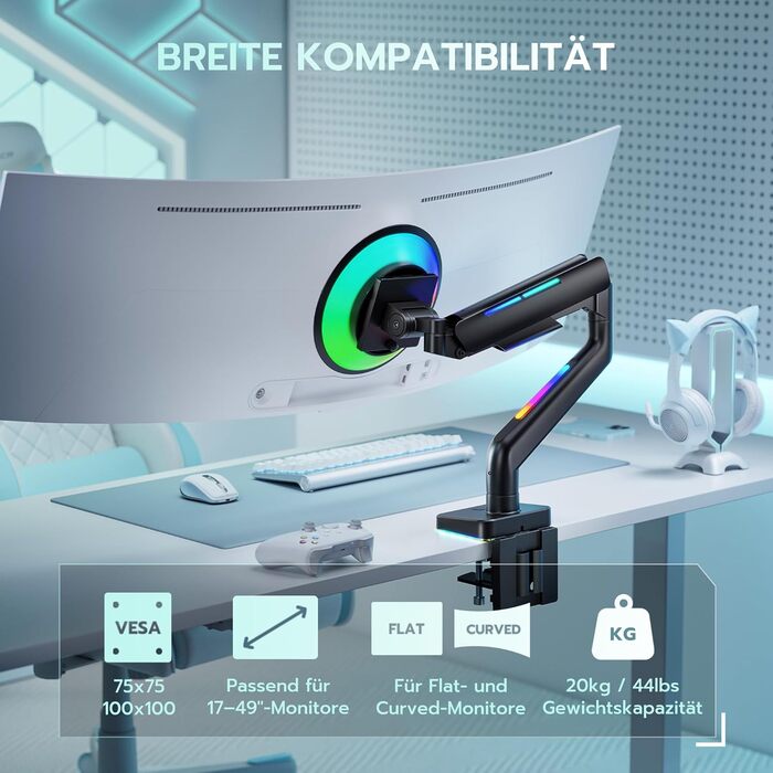 Кріплення для монітора ARES WING RGB - тримач для ігрового монітора, 17-49 дюймів, підходить для важких (20 кг) та вигнутих моніторів, регульована висота, чорний