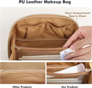 Косметичка велика містка для подорожей, водонепроникна з PU-шкіри, з прозорими перегородками та ручкою (M, Коричнева квітка)