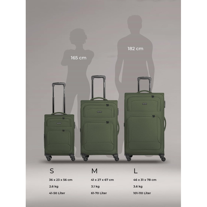 Набір валізак SMARTBOX 3 шт. для жінок та чоловіків | Легкі та стабільні валізи-ролики, якісний softcase, 4 колеса та кодовий замок | Розширювані | Колір: Slate-green, Розмір: S (56 см)