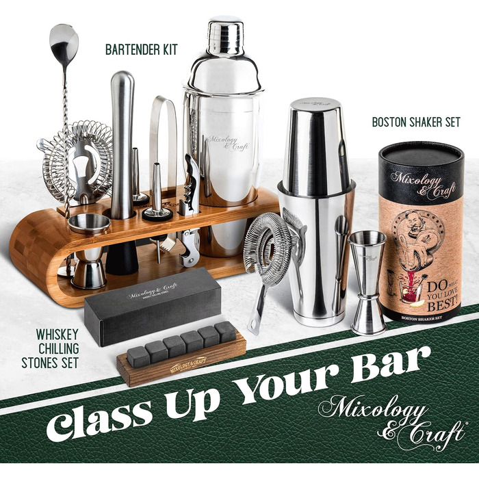 Stainless Steel Cocktail Shaker Set - Mixology Bar Set with Accessories | Silver Cocktail Kit