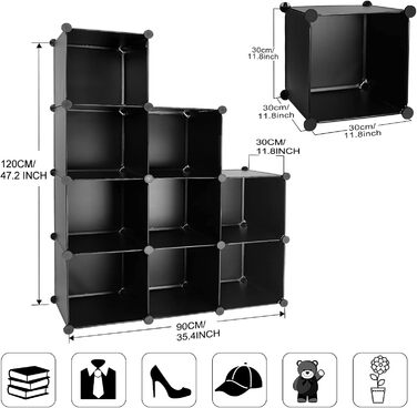 TUMUCUTE Storage Cube Shelf with 9 Cubes, Plastic, Cabinet, Modular, Bookshelf, Storage Shelves for Bedroom, Living Room, Office, Black