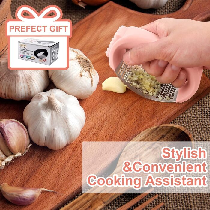 Пресувалка для часнику Bemodst з нержавіючої сталі 304, 2-в-1: пресувалка та очищувач часнику, ергономічна ручка, легка у використанні та чищенні, з щіткою для чищення часнику Rose