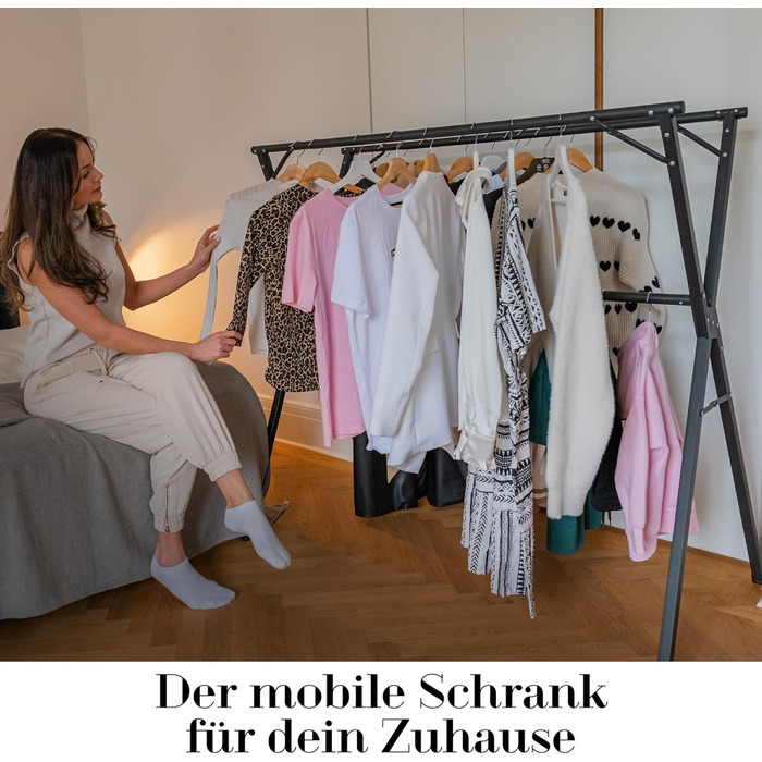Clothes Rack/Laundry Rack + Bag Moritz [Extendable 1.30-2.0m, foldable, very Stable Stainless Steel] Clothes Rail, Coat Rack, Entrance Hall Coat Rack, Open Wardrobe (Black, with Hooks / without Bag)